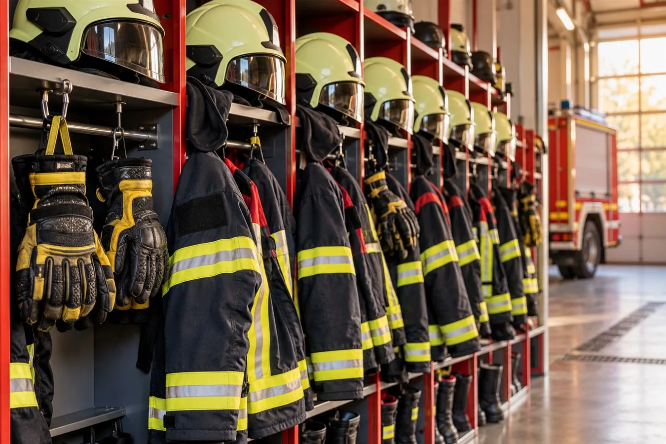 Geordnete Feuerwehrschutzkleidung und Helme