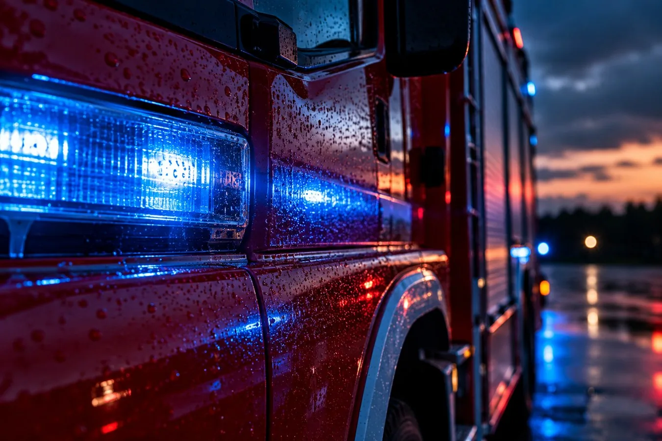 Blaulicht an einem Löschfahrzeug bei Dämmerung